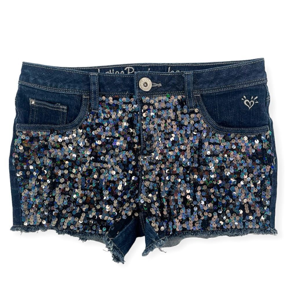 Justice Girl’s Full Sequin Front Frayed Hem Premium Denim Shorts Size 12.5 - Picture 13 of 13